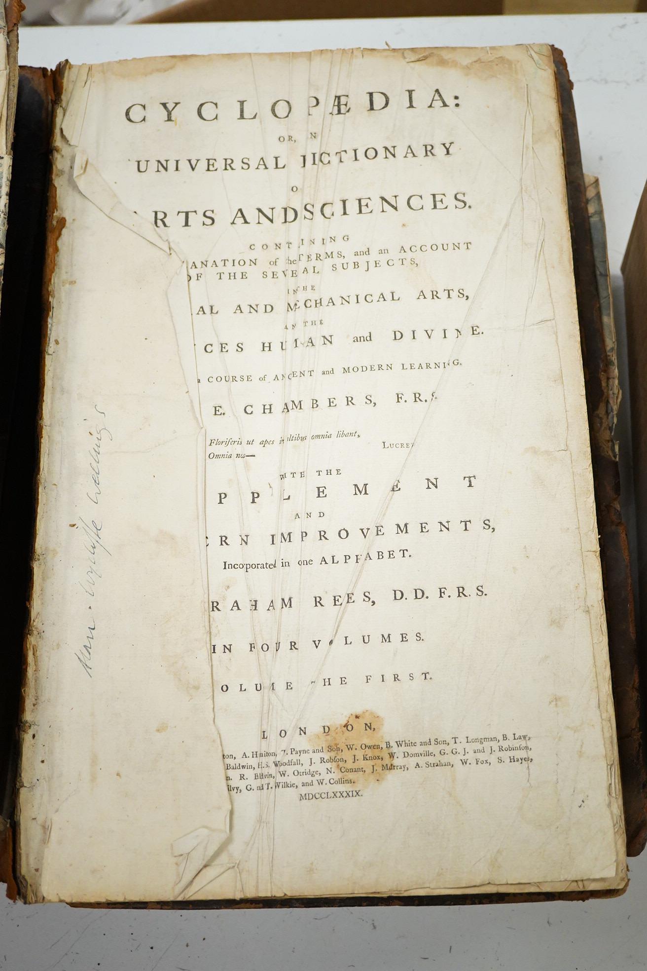 Chambers, Ephraim - Cyclopaedia: or, an Universal Dictionary of Arts and Sciences ... With the Supplement and Modern Improvements ... by Abraham Rees. 4 vols. and the plates vol. mixed editions. frontis. and 148 plates;